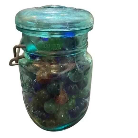 Vintage Blue Glass Jar With Wire Clamp with Glass Marbles - Picture 3 of 9